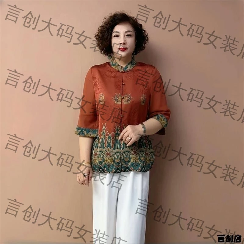 8526夏季国风中年妈妈T恤衬衫宽松遮肉大码七分袖开衫上衣
