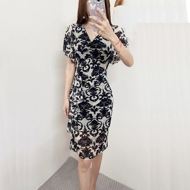 夏季复古中国风连衣裙V领气质收腰印花修身包臀裙子