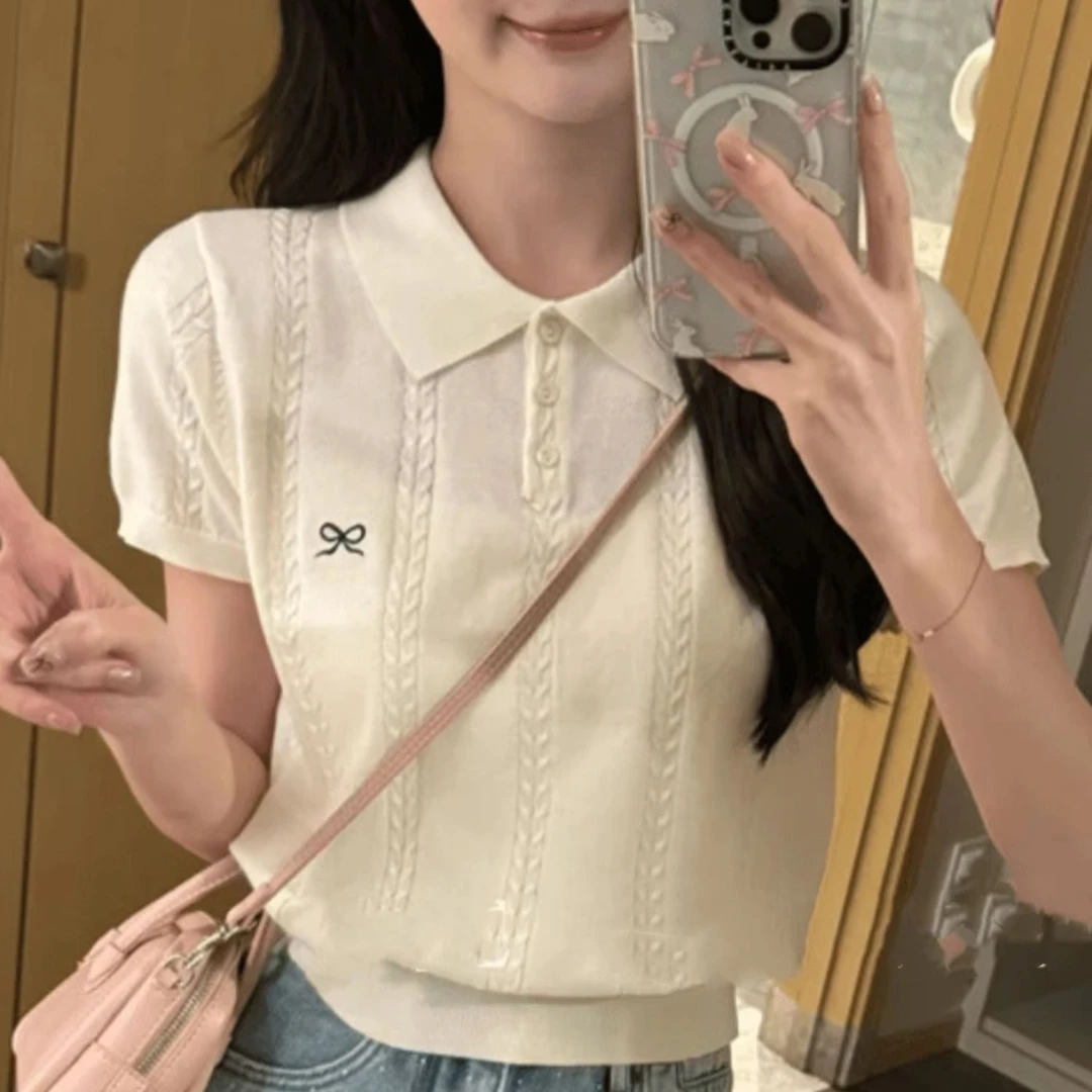 【春夏上新】韩系POLO领甜美蝴蝶结女生细羊毛短袖显瘦短款夏季小众