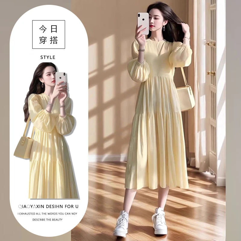 2025春秋新款设计感可甜可盐A字裙时尚气质淡黄色中长款连衣裙潮