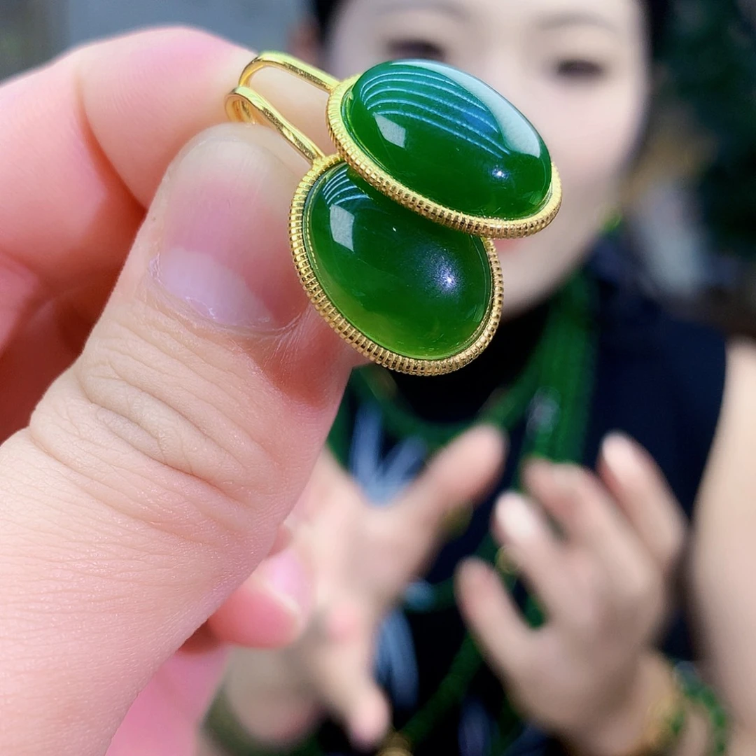 吊坠(不含链)银S925镶嵌和田玉（碧玉）耳钉