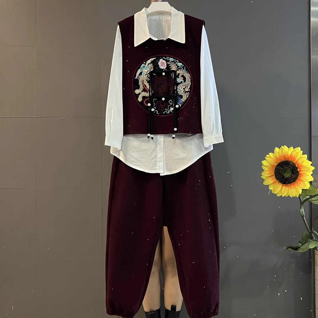 新中式国风刺绣马甲➕衬衫➕裤子时尚显瘦复古三件套