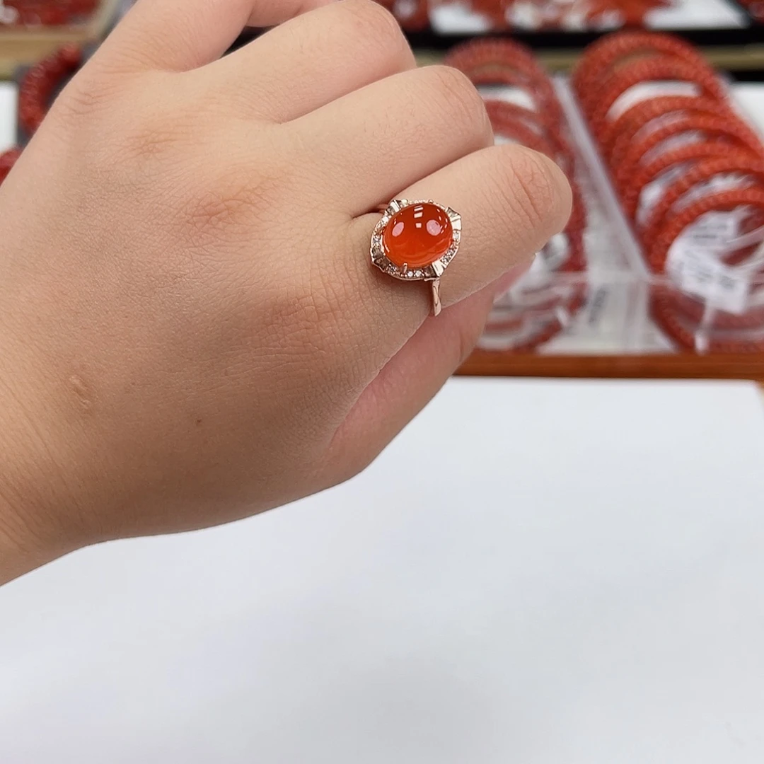 南红玛瑙河湾冰红戒指银S925镶嵌