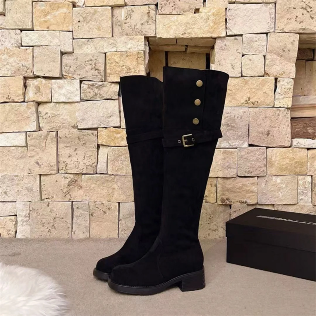 2025秋季新款复古绒面粗跟舒适骑士靴高筒翻折两穿增高显瘦时装靴