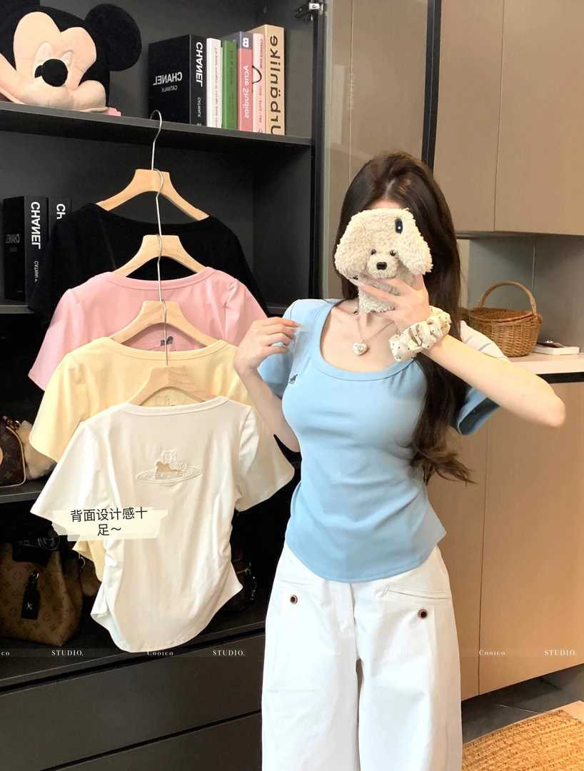 【菜菜】胖mm2025年夏设计感欧若风显瘦刺绣纯色短袖T恤上衣女