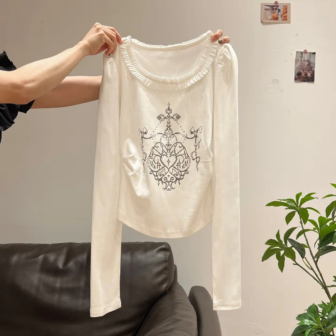 法式哥特印花圆领花边设计长袖T恤女打底衫早秋褶皱收腰修身上衣