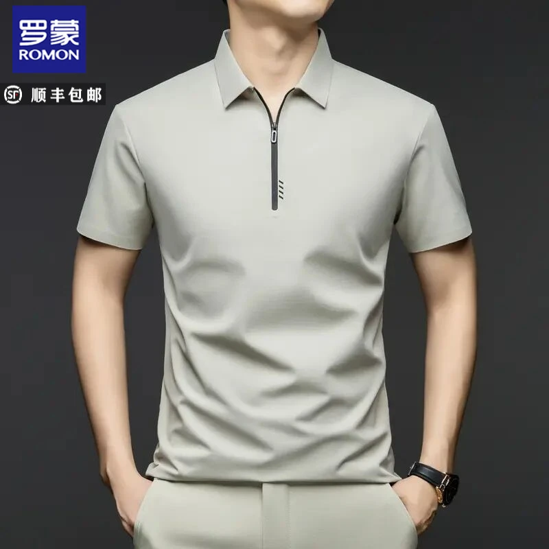 罗蒙高级感男士半拉链短袖polo衫夏季新款冰丝凉感翻领商务体恤潮