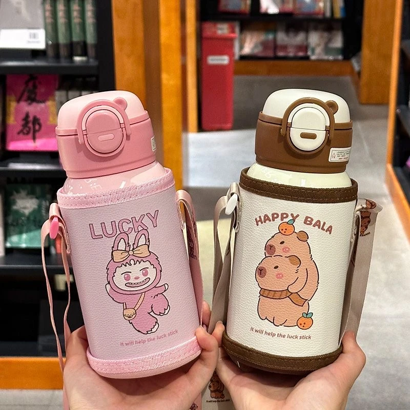 儿童保温杯双饮吸管直饮小学生带盖防漏卡皮巴拉水杯316食品级杯