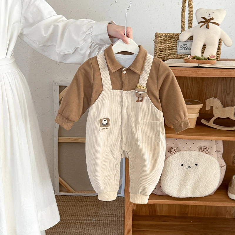 2025婴幼儿秋装连体衣新生儿男女宝宝春秋款双层假两件外出服哈衣