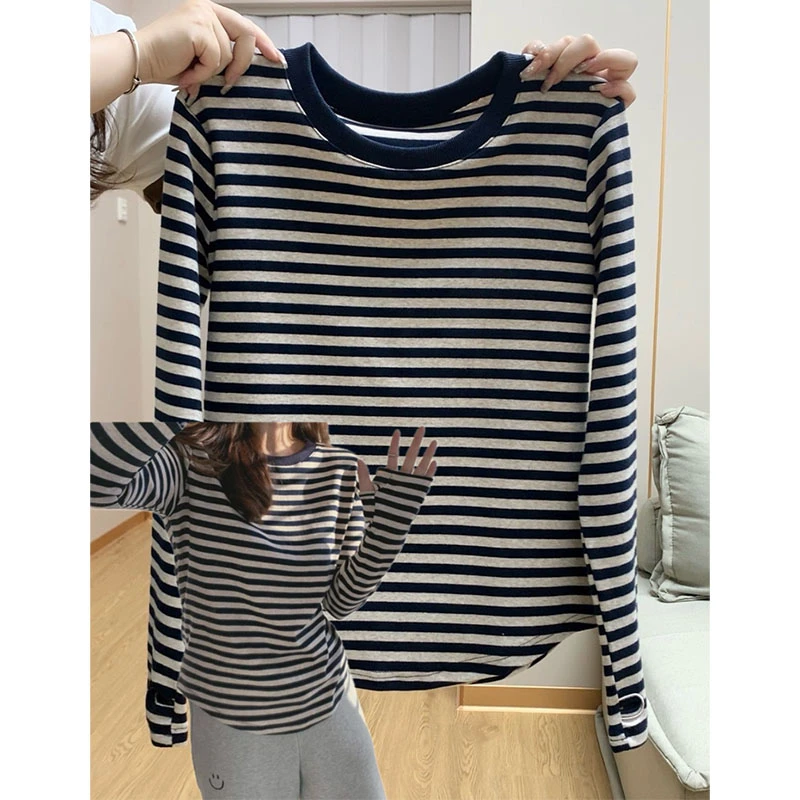 200斤气质慵懒风条纹圆领独特长袖t恤女春季薄款百搭休闲打底衫