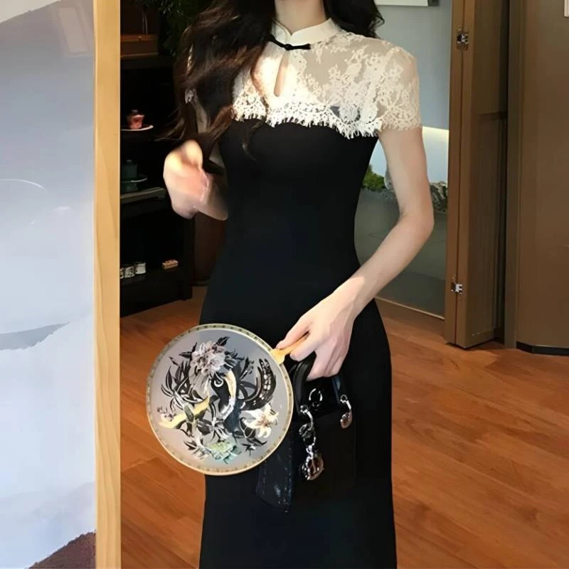 锦绣河山长裙夏季收腰显瘦高级感新中式国风蕾丝拼接针织连衣裙女