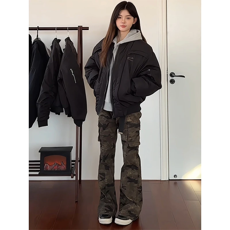 迷彩工装裤子男款春秋美式复古显瘦长裤cleanfit微喇叭直筒裤