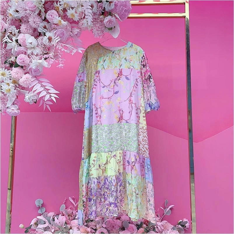 X22442欧美设计师2025夏季新款彩色印染拼色时尚气质宽松连衣裙女