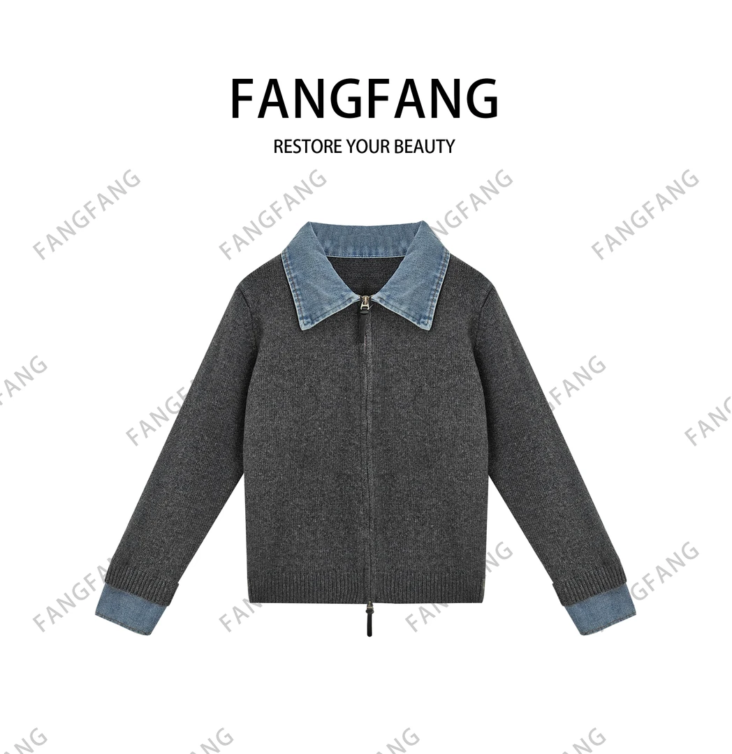 F.F翻领冬季毛针织衫休闲女士长袖牛仔拼接毛衣5038