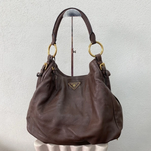 95新 Prada/普拉达 棕色鹿皮托特hobo单肩包底长38 117641