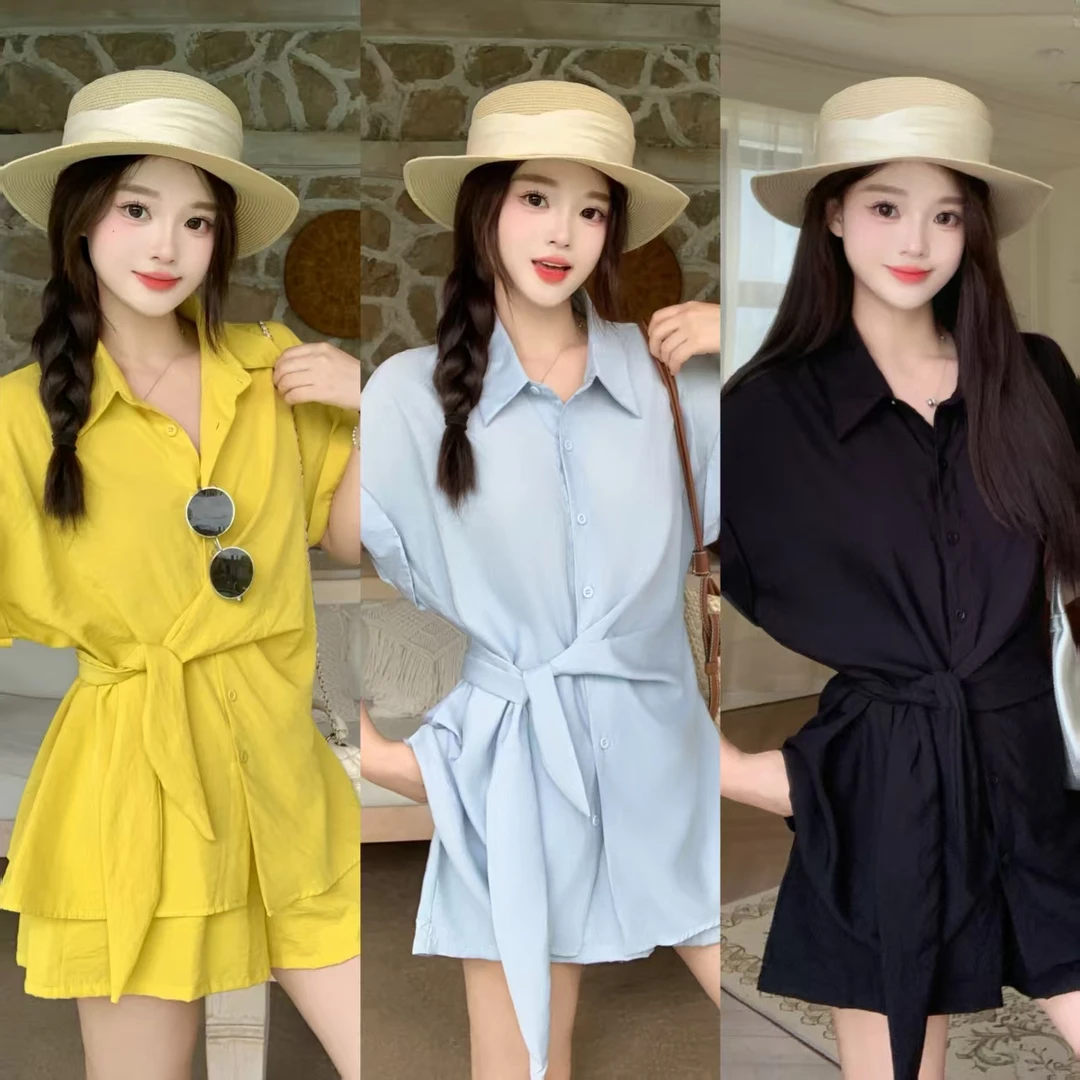 大码女装2025夏季新款系带薄款宽松收腰衬衫短袖短裤两件套2101