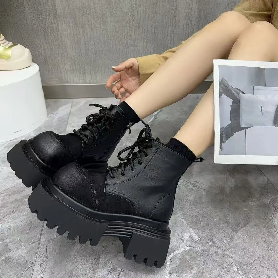 唐小肉厚底马丁靴时尚城市游牧风休闲秋冬厚底6115-18黑色百搭