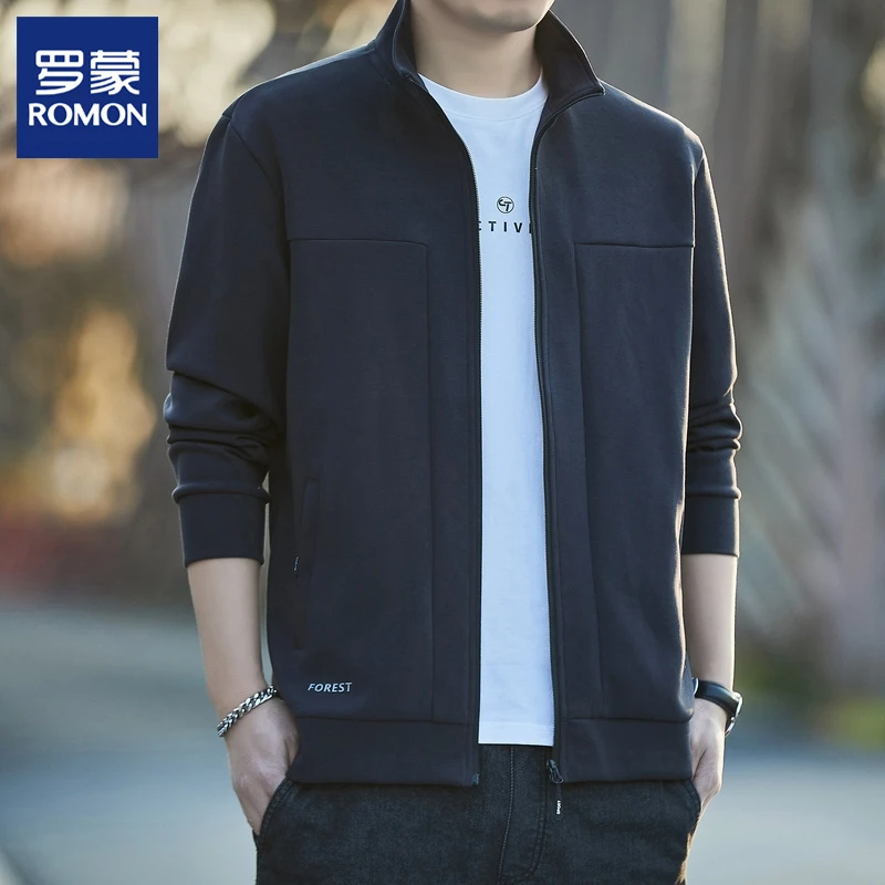Romon/罗蒙春季新款开衫卫衣男士纯色时尚立领外套运动休闲夹克男
