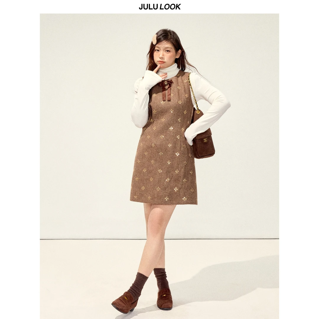 巨鹿工作室“燕麦碗”微胖mm千金感小香背心裙/高领内搭大码套装