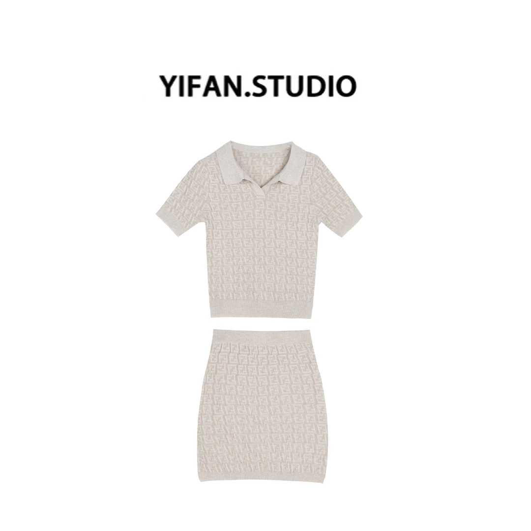 YIFAN 老花针织V领polo领短袖+半裙YF2525