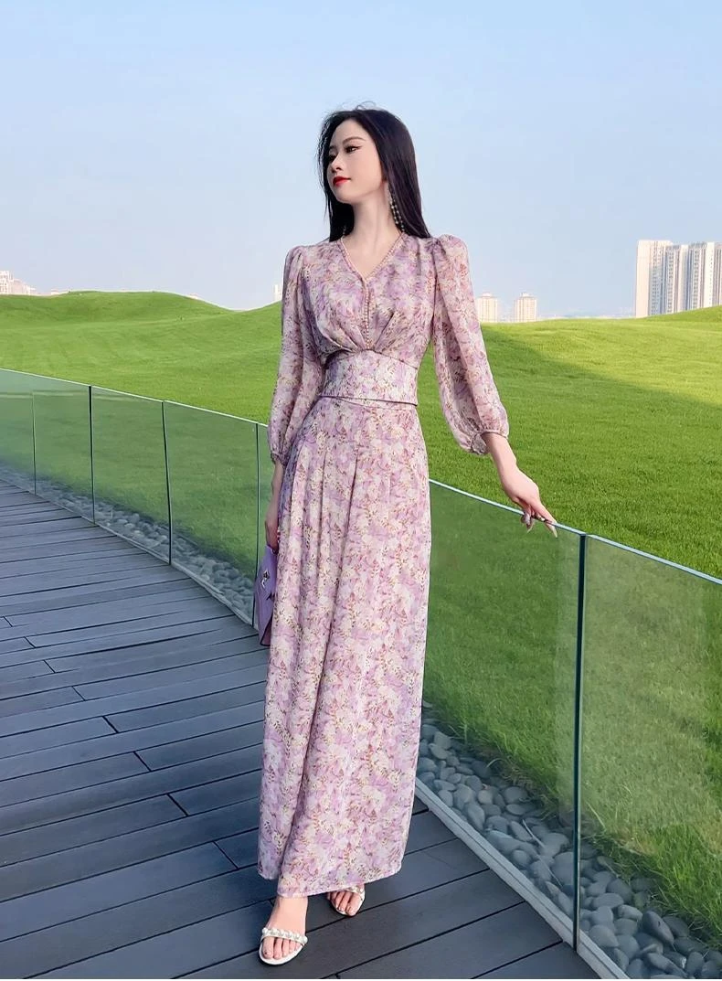 2025春夏新款温柔风仙气垂感气质上衣女度假粉色碎花阔腿裤两件套