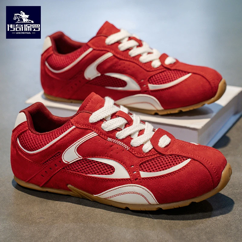 传奇保罗男鞋夏季网面休闲鞋透气软底阿甘潮鞋百搭复古红色德训鞋
