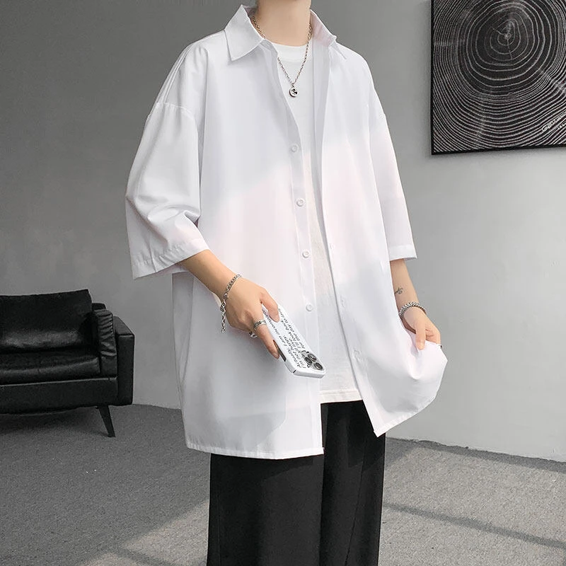 肌理感冰丝衬衫男夏季薄款潮牌潮流半袖衣服大码宽松休闲凉感衬衣