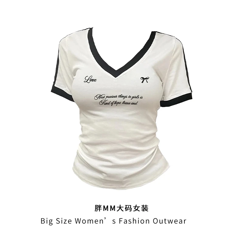 大码微胖MM撞色条纹V领短袖T恤女辣妹修身显瘦正肩上衣