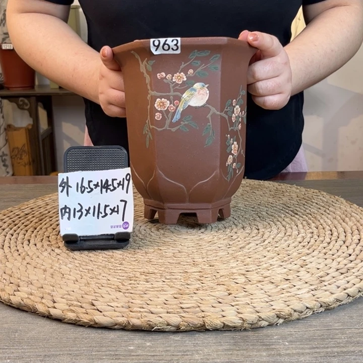紫砂花盆  紫泥手绘莲花六方963