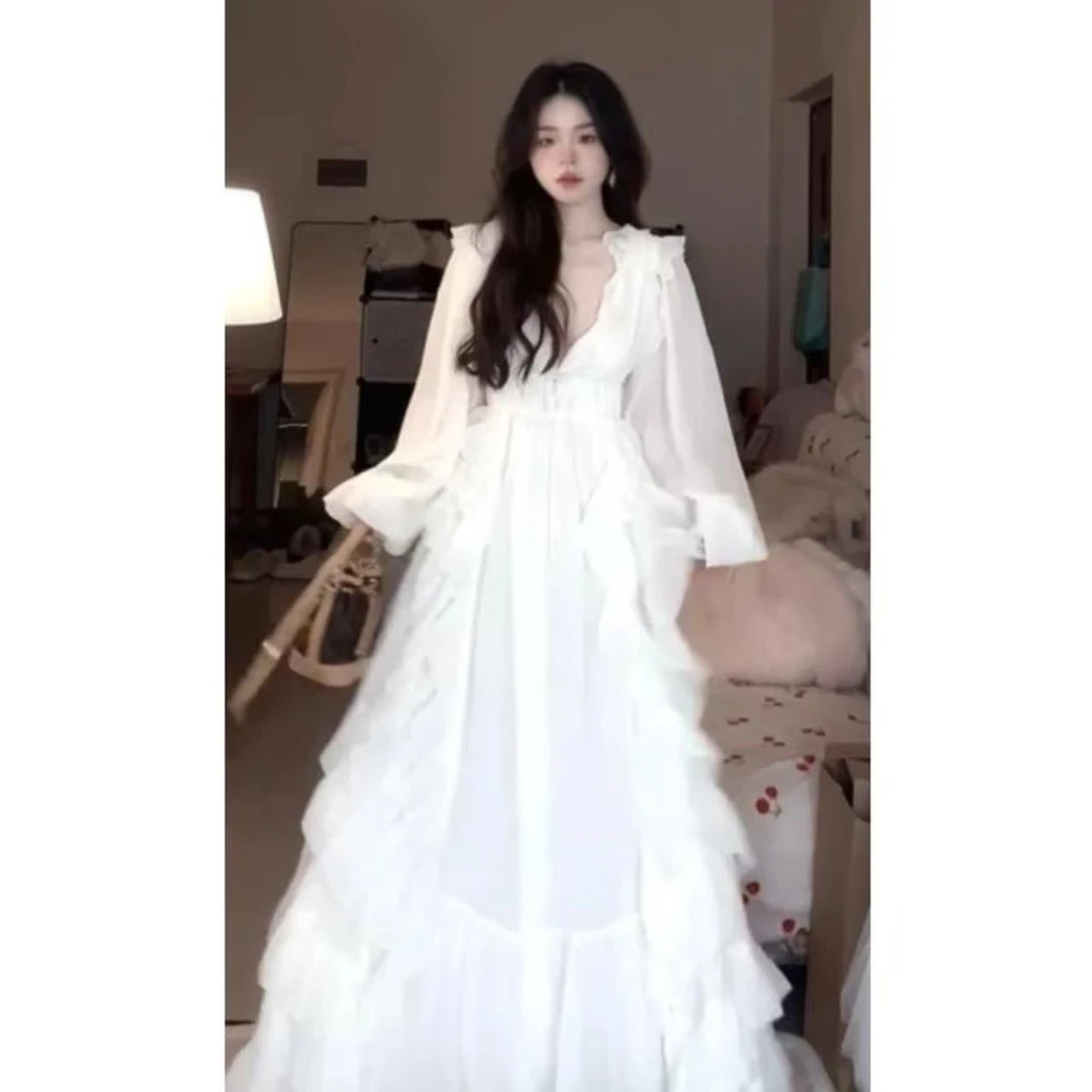 【YiJia~】纯欲风不规则荷叶边仙气大摆连衣裙V领仙女裙度假裙子