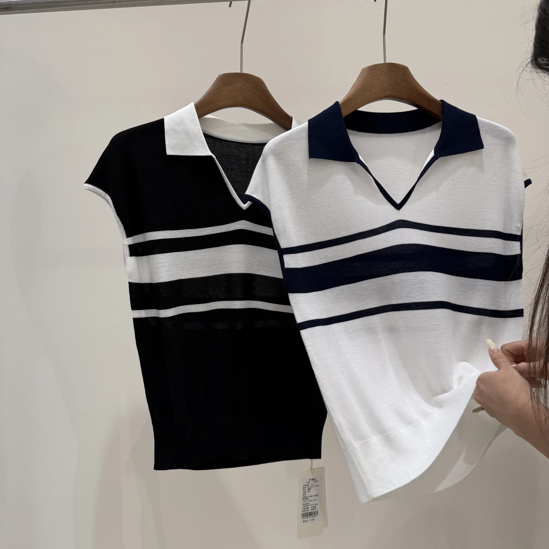 条纹撞色宽松型夏季毛针织衫翻领上衣针织衫女装短袖b179