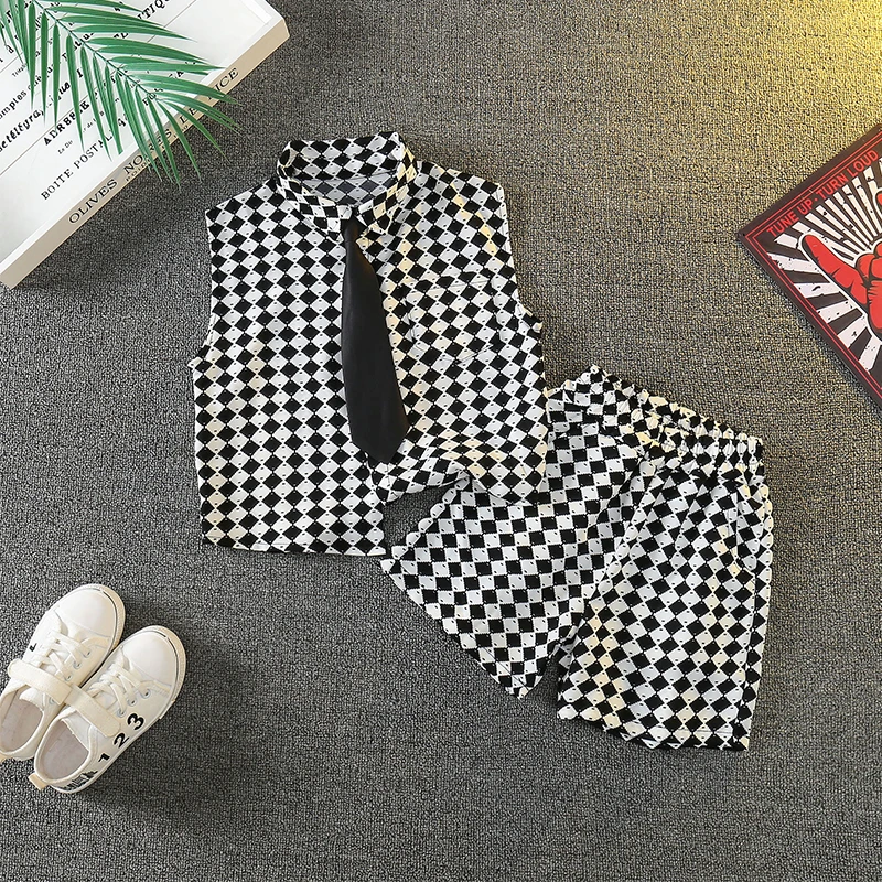 男童夏季套装2025新款小童宝宝夏装无袖背心儿童千鸟格衬衫两件套