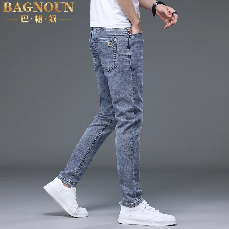 巴格奴牛仔裤男士夏季新款时尚潮流蓝色冰丝薄款修身款小脚休闲裤
