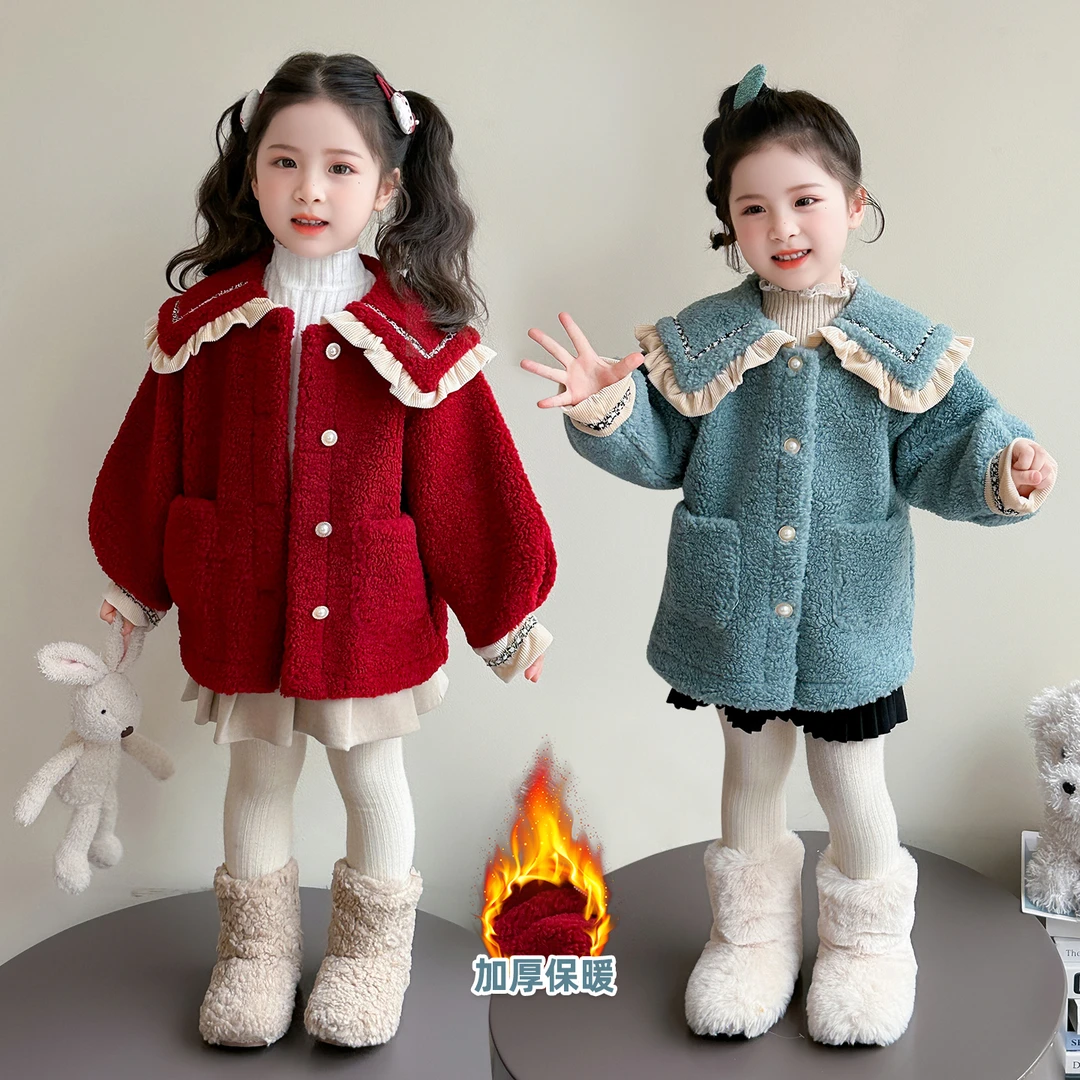 韩版女童洋气花边翻领毛毛衣2025新款儿童冬季女宝宝时尚加绒外套