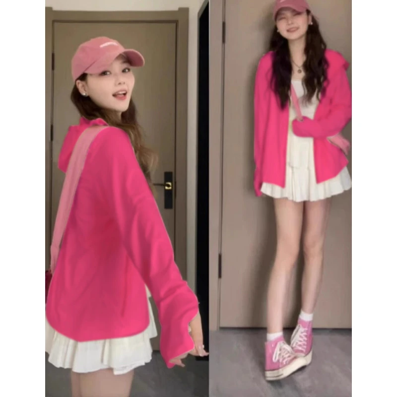 防晒衣玫红色女2025新款夏季宽松女款冰丝连帽上衣户外穿搭薄外套