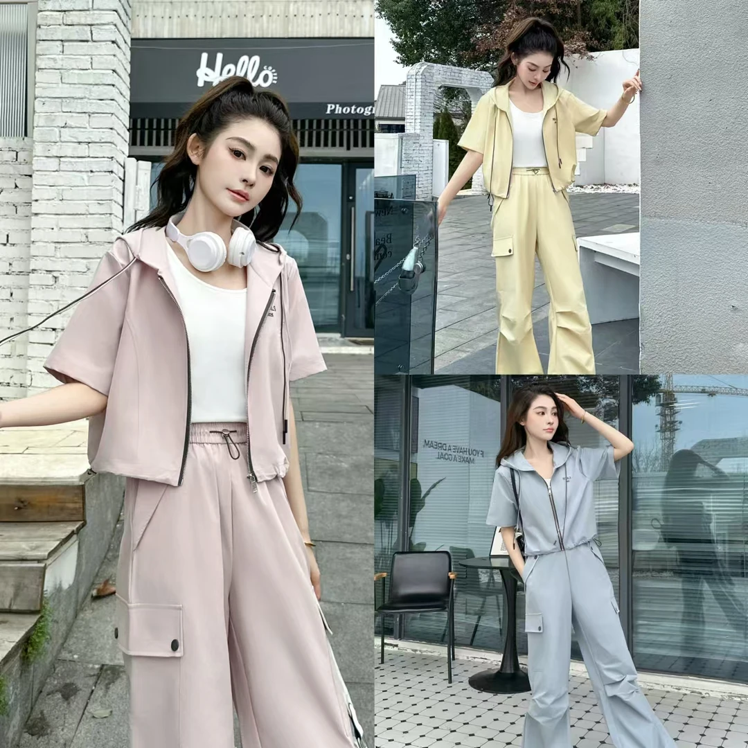 908时尚休闲运动套装2025新款洋气百搭连帽外套吊带工装裤三件套