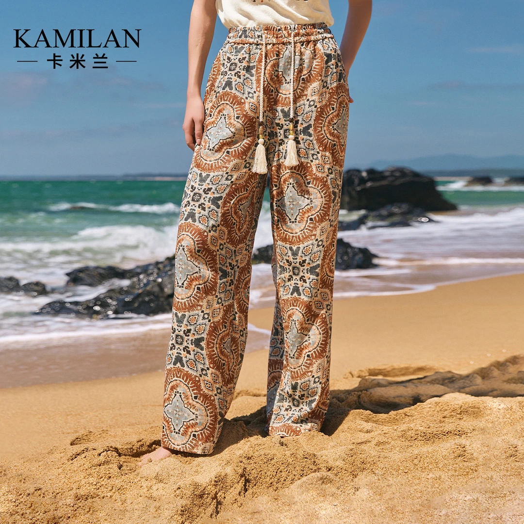 卡米兰高腰直筒裤子女2025夏季新款气质阔腿裤宽松印花休闲裤长裤