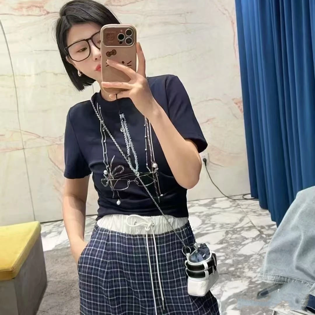 设计师款2025春夏新品短袖修身珍珠链条眼镜印花圆领短袖T恤女