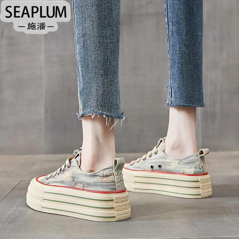 SEAPLUM复古厚底水钻帆布鞋女夏季2025年新款百搭透气小白鞋增高