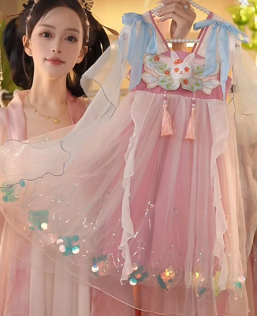 海宁1【甜心兔】2025新款女童国风仙气中国风夏季休闲汉服裙2570