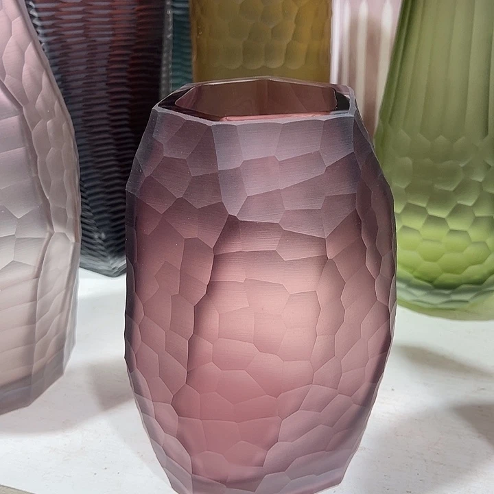 琉璃手工艺品紫粉色磨刻花瓶花器高22口10