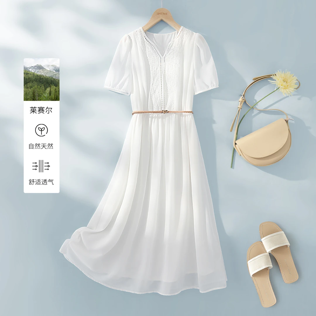 IHIMI/海谧2025夏新款女装简约气质腰带雪纺收腰显瘦中长款连衣裙