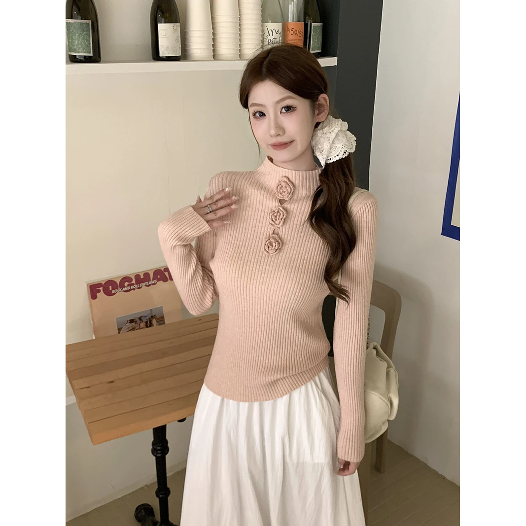 立体花朵设计感针织衫女秋冬温柔风半高领显瘦修身打底衫洋气上衣