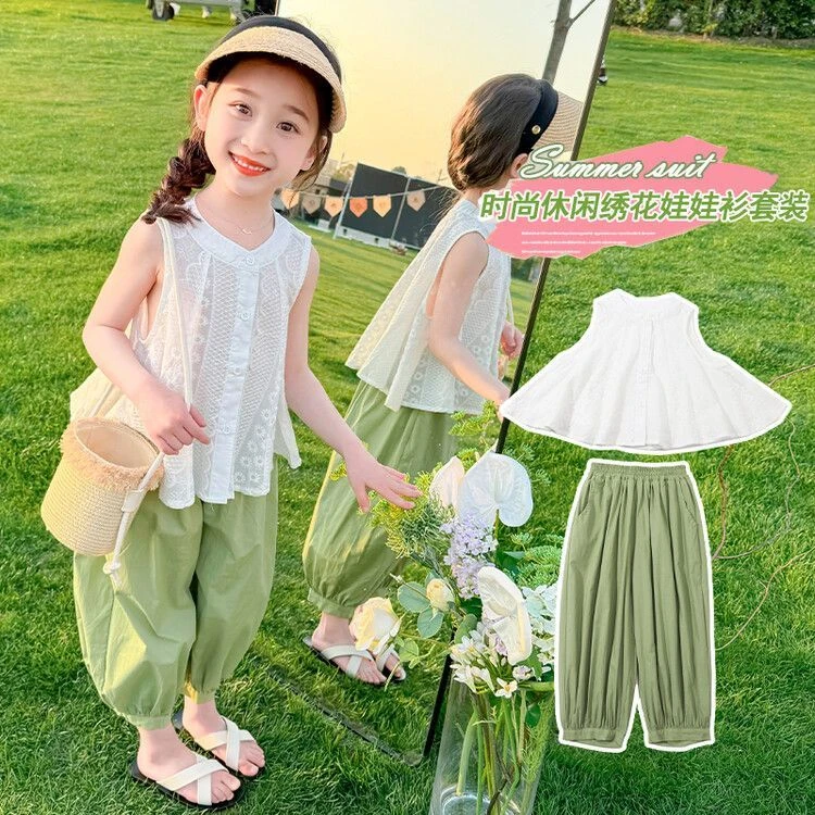 女童夏季新款甜美套装儿童时尚洋气休闲绣花娃娃衫防蚊裤两件套潮