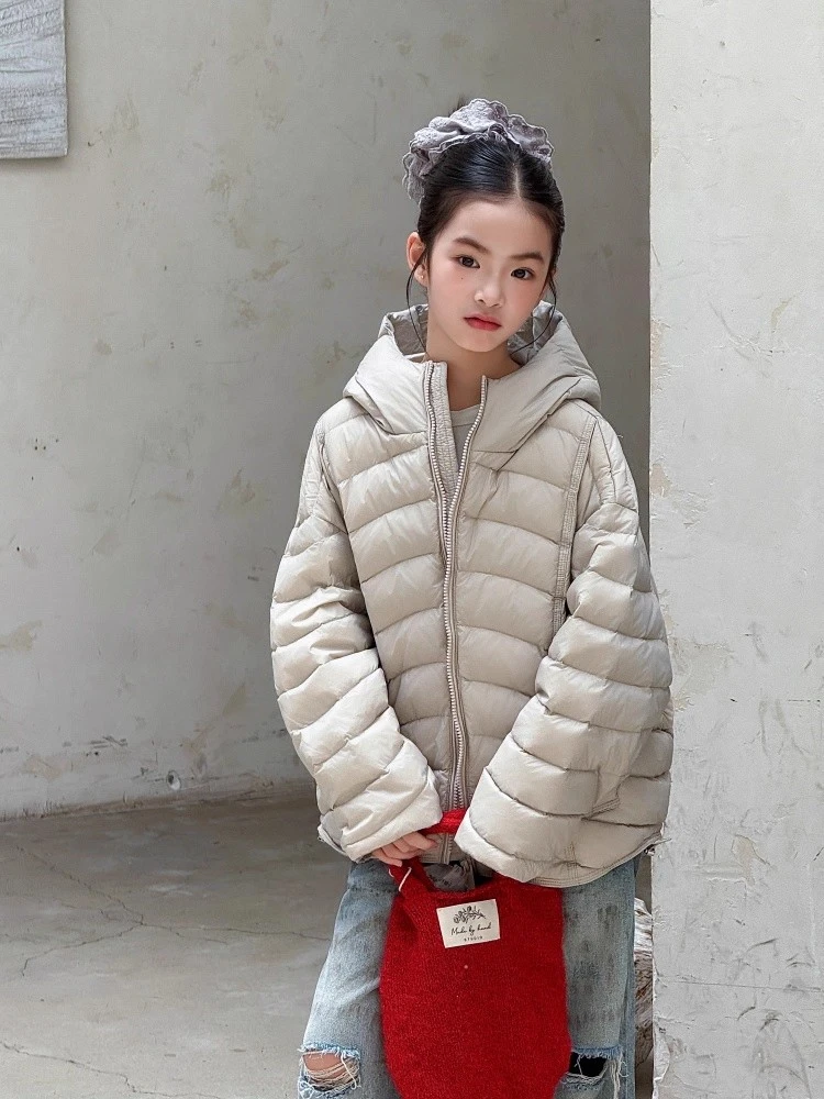 2025新款亲子排骨羽绒服女童韩版90白鸭绒轻薄中大童连帽童装外套