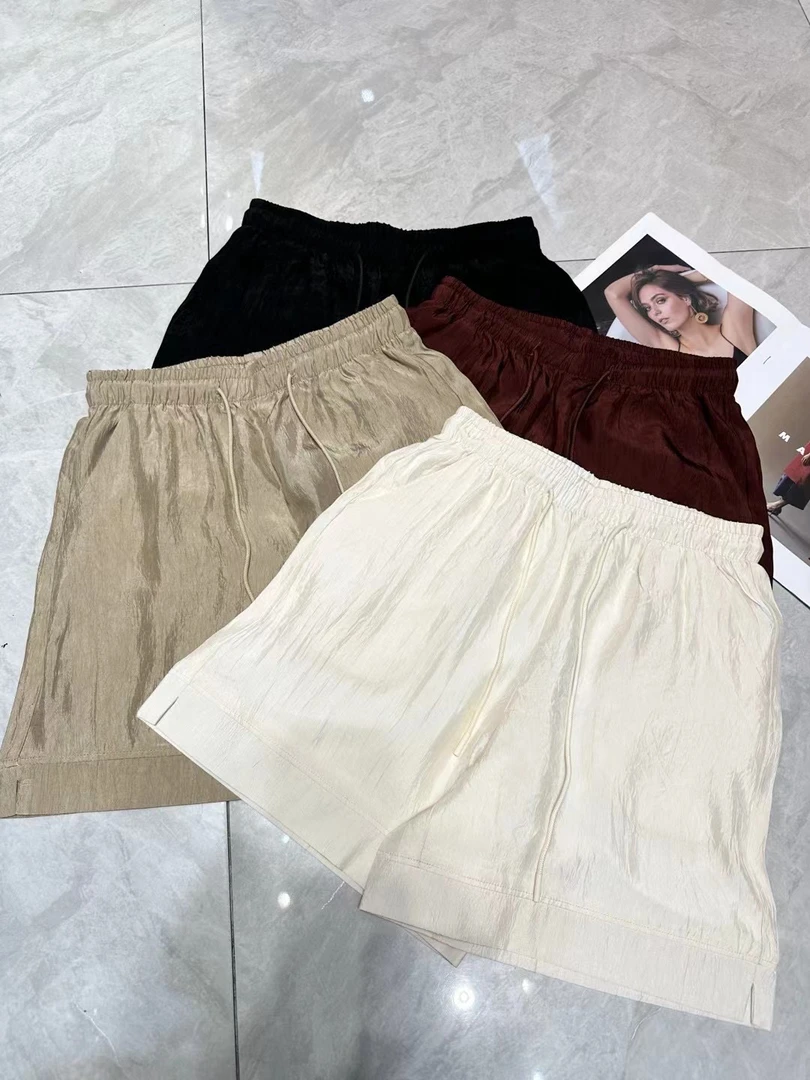 (1692） 醋酸高腰A字短裤2025年夏季肌理感松紧腰百搭短裤