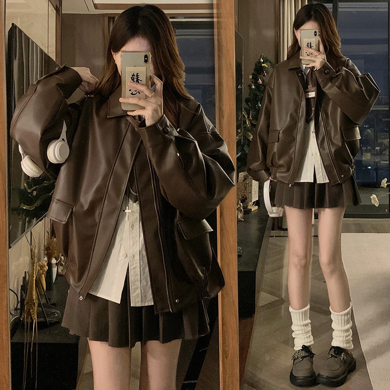 琥珀流光风皮衣女夹克短外套2025新款皮宽松上衣服装