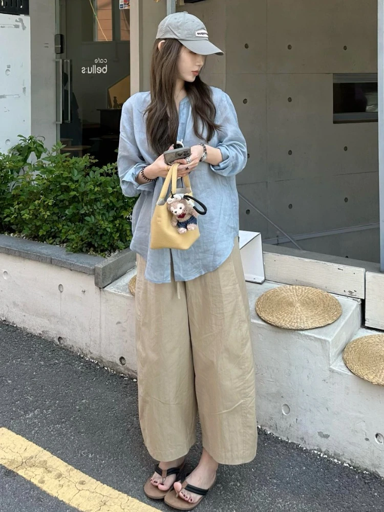 巨好看的夏季韩里韩气穿搭独特绝美蓝色衬衫阔腿裤休闲宽松套装女