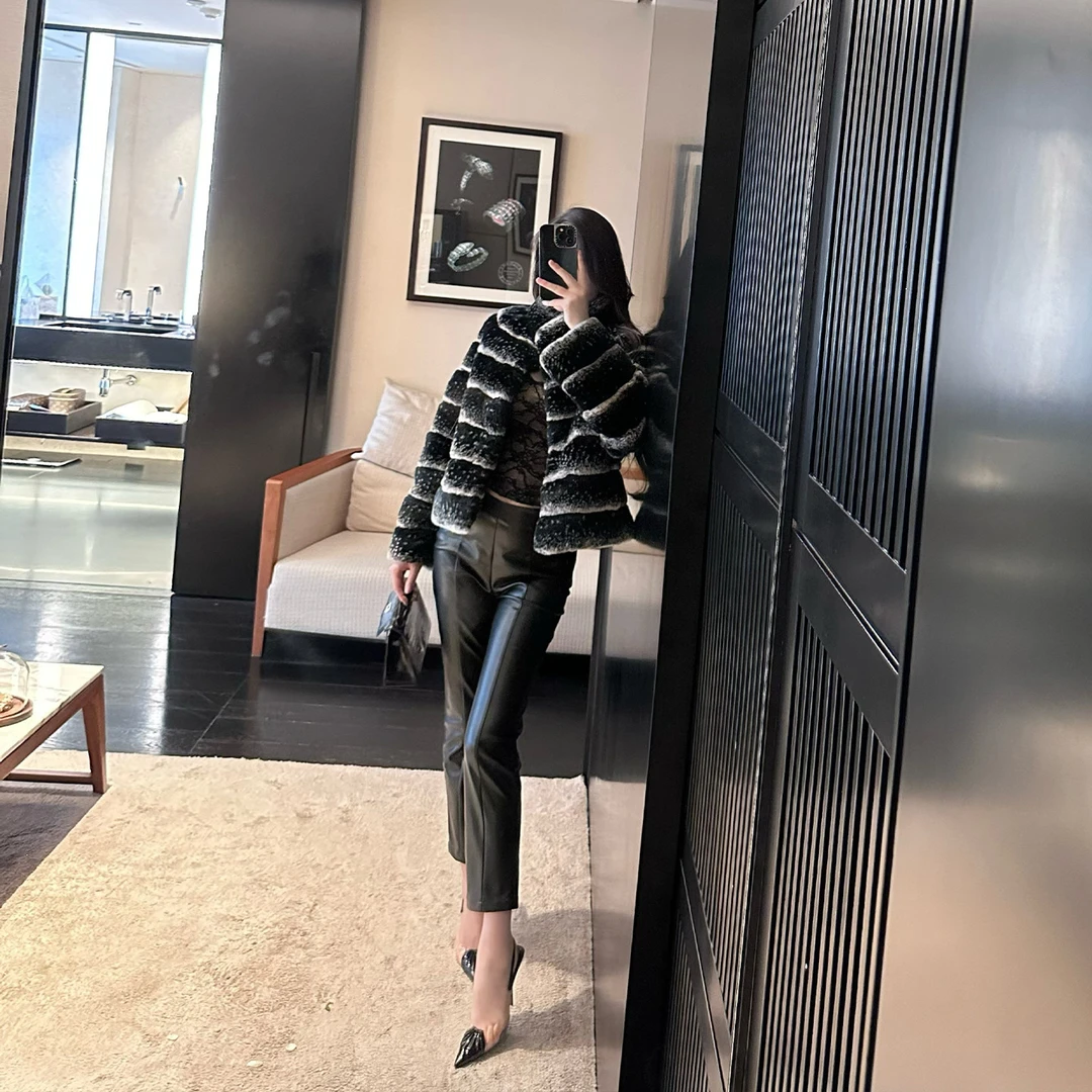 SX善喜黑色高腰PU皮裤女高级感百搭修身气质九分裤小脚裤直筒裤子