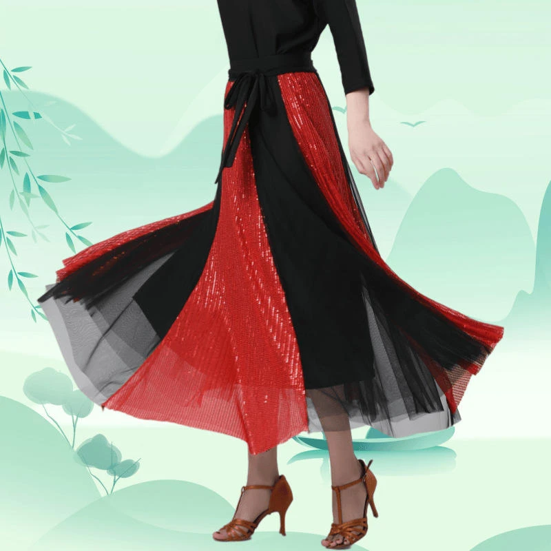 吉特巴新款网纱亮片拼色大摆半身裙广场舞交谊舞点帕斯练习跳舞裙